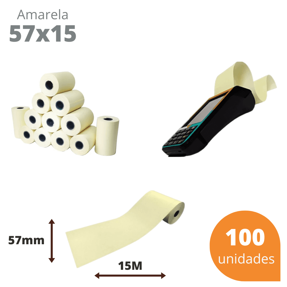 Bobina Térmica 57x15 Amarela para Máquina de Cartão – Kit com 100 Unidades | Direct Paper
