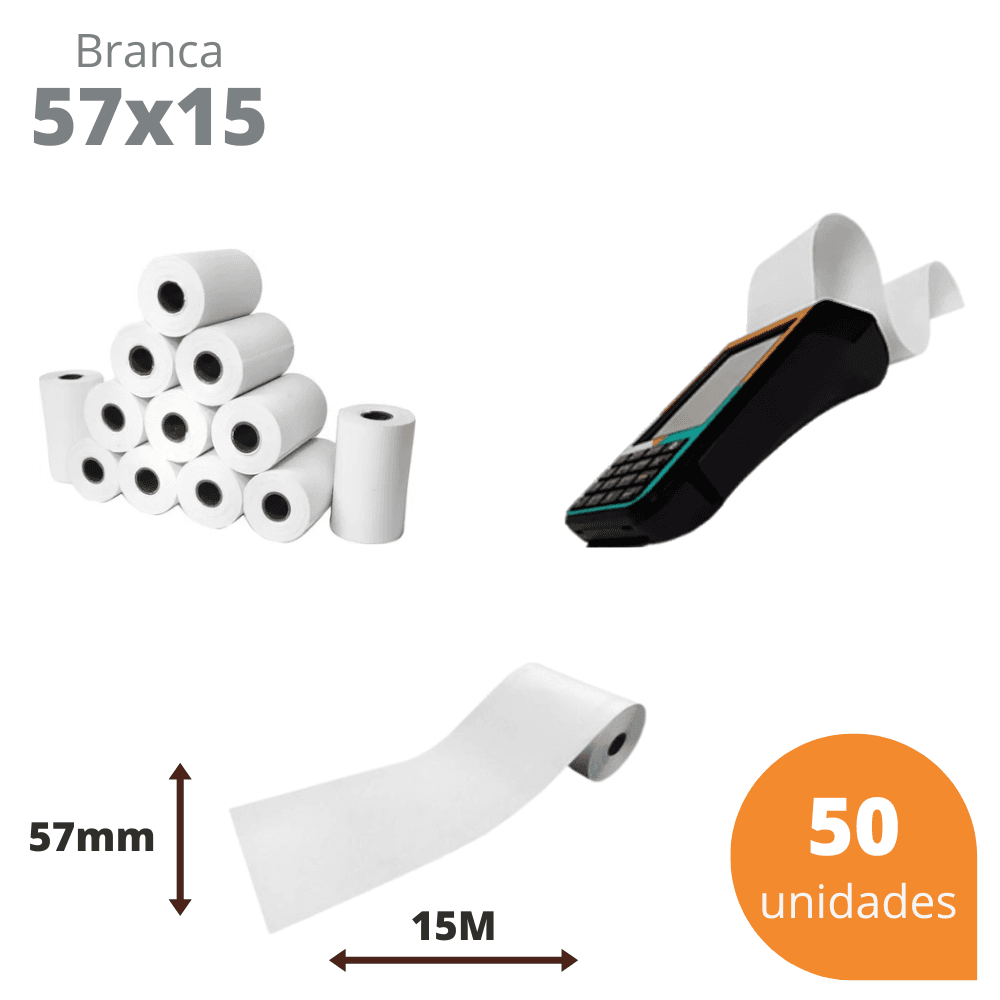 Bobina Térmica 57x15 Branca para Máquina de Cartão – Kit com 50 Unidades | Direct Paper