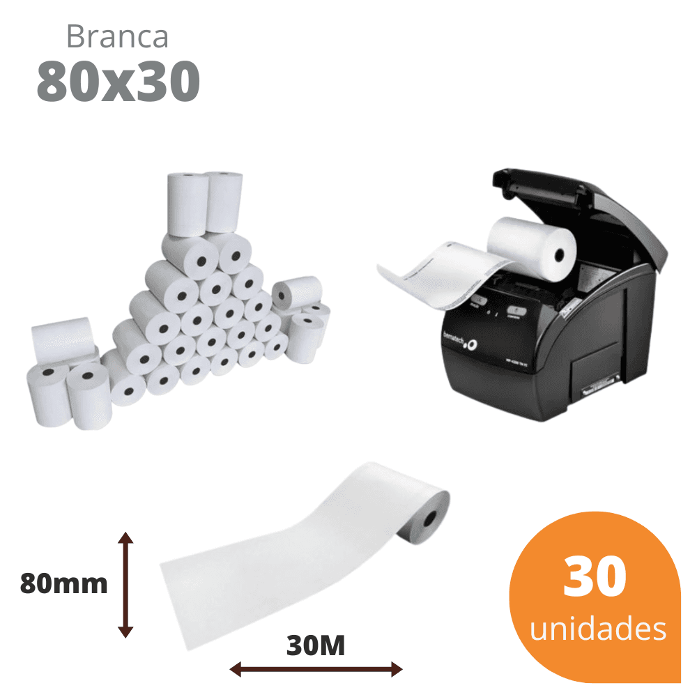 Bobina Térmica 80x30 Branca para Cupom Fiscal PDV – Kit com 30 Unidades | Direct Paper